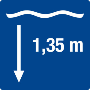 Schwimmbadschild - Wassertiefe 1,35 m - Folie Selbstklebend - 5 x 5 cm