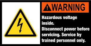 Maschinenschild mit Warnzeichen - Hazardous voltage inside. Disconnect power before servicing. Service by trained personnel only. - Aluminium