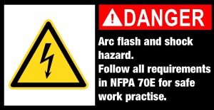 Maschinenschild mit Warnzeichen - Arc flash and shock hazard. Follow all requirements in NFPA 70E for safe work practise. - Aluminium