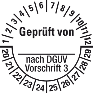 Mehrjahresprüfplakette 2020 - 2029 | DGUV - Geprüft von | DP120 | Folie selbstklebend | M10 | weiß & schwarz | 10 mm | 50 Stück