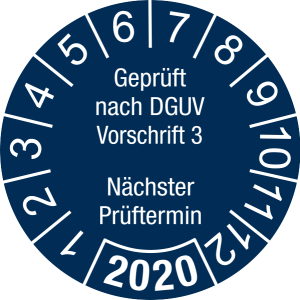 Jahresprüfplakette 2020 | Geprüft nach DGUV / Nächster Prüftermin| DP620 | Dokumentenfolie | M44 | sicherheitsblau & weiß | 20 mm | 50 Stück