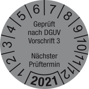 Jahresprüfplakette 2021 | Geprüft nach DGUV / Nächster Prüftermin | DP621 | Dokumentenfolie | M34 | silber & schwarz | 20 mm | 50 Stück
