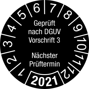 Jahresprüfplakette 2021 | Geprüft nach DGUV / Nächster Prüftermin | DP621 | Dokumentenfolie | M21 | schwarz & weiß | 30 mm | 50 Stück